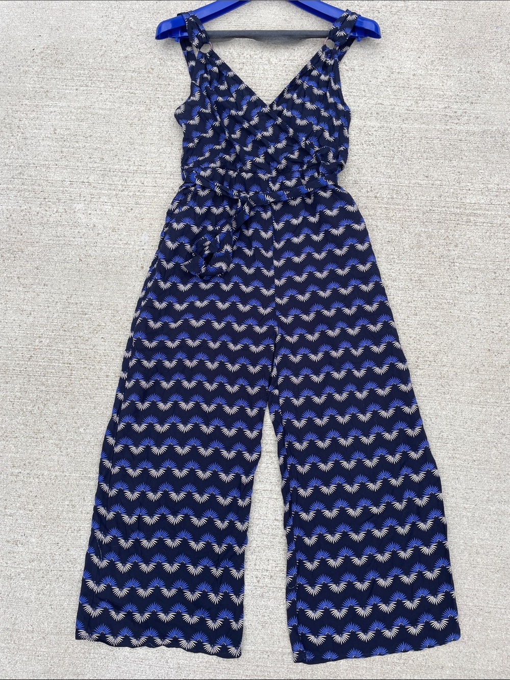 Alya Navy and White Geometric Wrap-Front Wide Leg Jumpsuit